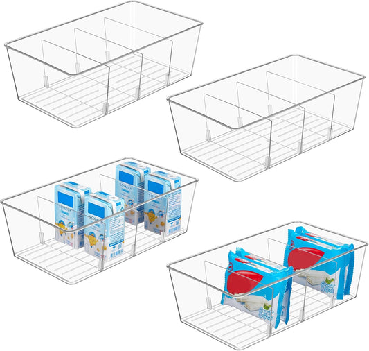 4 Pack Food Storage Organizer Bins, Clear Plastic Bins for Pantry, Kitchen, Fridge, Cabinet Organization and Storage, 4 Compartment Holder Packets, Snacks, Pouches, Spice Packets